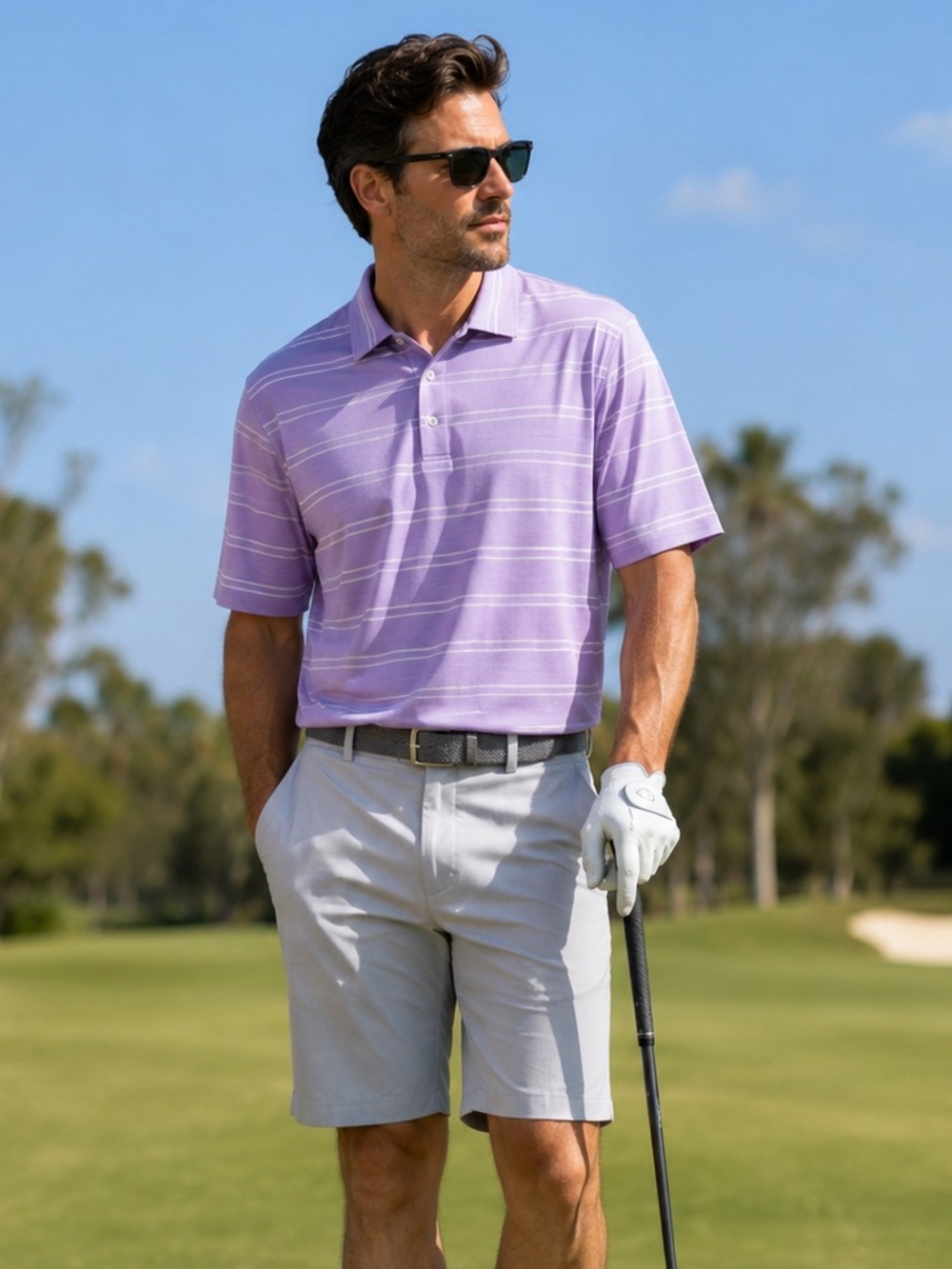 Dunning Golf Men's Short Sleeves‎ Pique Lilac Striped Golf Polo Collared Size XL